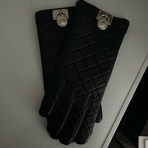 Michael Kors Leather Quilted Black Gloves with MK Toggle